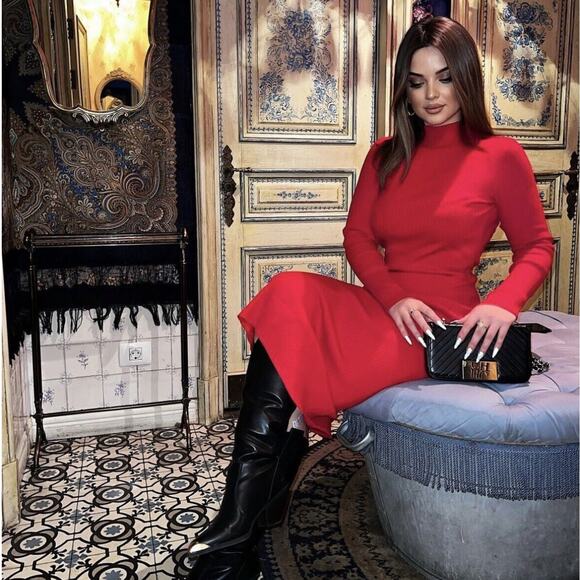 ZARA Mock High Neck Knit Midi Dress Red {YY42} - Picture 1 of 12